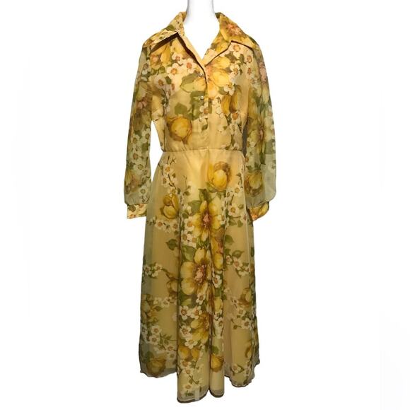 Vintage 1970s Yellow Gold Floral Maxi Dress Gown Long Sleeve‎ Women’s Size Large - Picture 1 of 3
